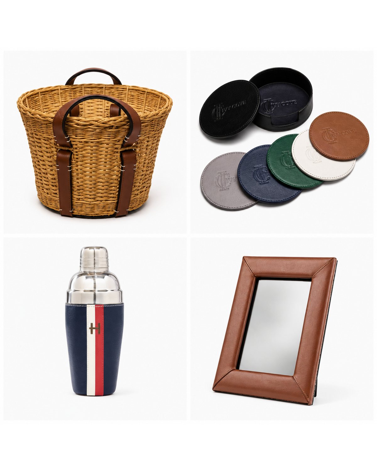 Leather-trimmed basket, coaster set, cocktail shaker and picture frame produced by Superior